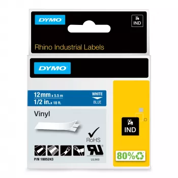 DYMO Rhino Industrial Vinila uzlīmes | 12 mm x 5,5 m | Balta druka uz zila | Pašlīmējošas | paredzētas LabelManager un Rhino uzlīmju printeriem