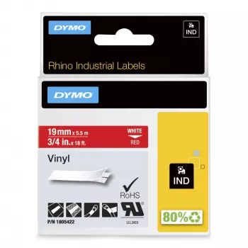 DYMO Rhino rūpnieciskās vinila uzlīmes | 19 mm x 5,5 m | Balta druka uz sarkana | Pašlīmējošas | Rhino un LabelManager etiķešu printeriem