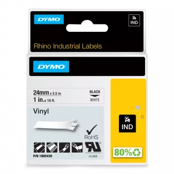 DYMO Rhino rūpnieciskās vinila uzlīmes | 24 mm x 5,5 m | Melna druka uz balta | Pašlīmējošas | paredzētas LabelManager un Rhino uzlīmju veidotājiem