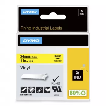 DYMO Rhino rūpnieciskās vinila uzlīmes | 24 mm x 5,5 m | Melna druka uz dzeltena fona | Pašlīmējošas | paredzētas LabelManager un Rhino uzlīmju printeriem