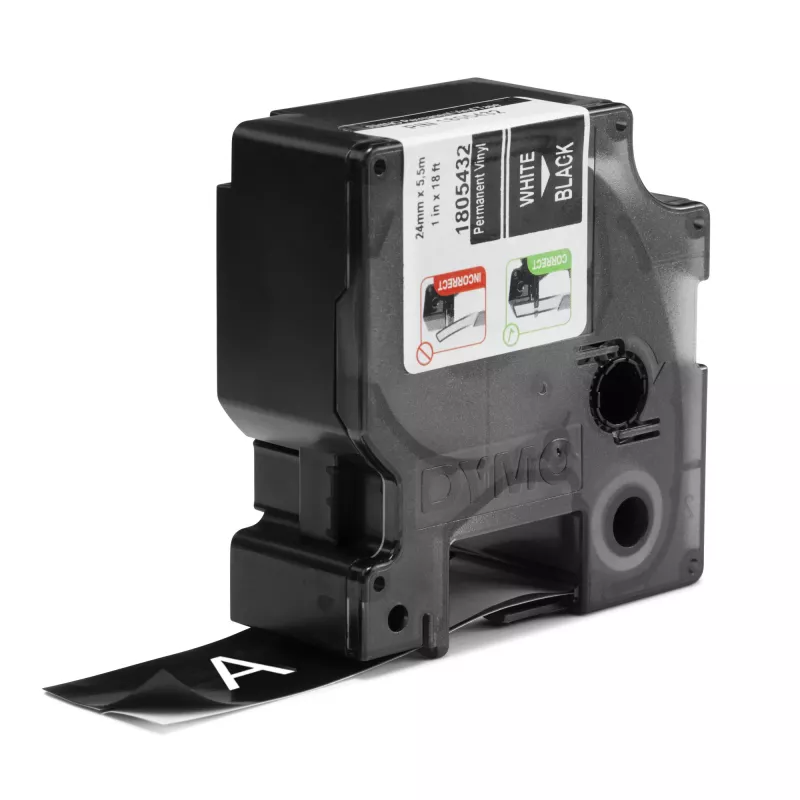 DYMO Rhino rūpnieciskās vinila etiķetes | 24 mm x 5,5 m | balta druka uz melna | pašlīmējošas | paredzētas LabelManager un Rhino etiķešu printeriem