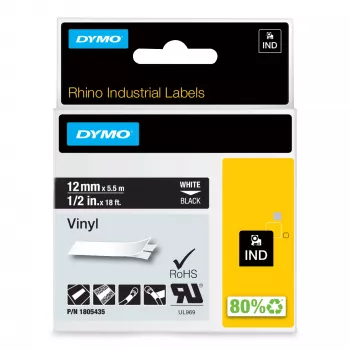 DYMO Rhino rūpnieciskās vinila uzlīmes | 12 mm x 5,5 m | Balta druka uz melna | Pašlīmējošas | paredzētas LabelManager un Rhino uzlīmju izgatavotājiem