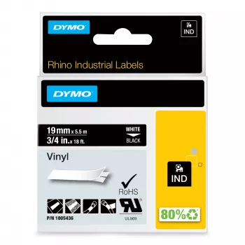 DYMO Rhino rūpnieciskās vinila uzlīmes | 19 mm x 5,5 m | Balta druka uz melna | Pašlīmējošas | paredzētas LabelManager un Rhino uzlīmju printeriem