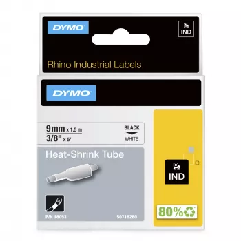 DYMO Rhino Industrial Heat-Shrink kabelis Label Tubes | 9 mm x 1.5 m | Melns Print on balta | for Rhino Label Makers