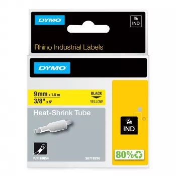 DYMO Rhino Industrial Heat-Shrink kabeļu marķēšanas uzmavas | 9 mm x 1,5 m | Melns uz dzeltena | Rhino etiķešu veidotājiem