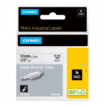 DYMO Rhino Industrial Heat-Shrink kabelis Label Tubes | 12mm x 1.5m | Melns Print on balta | for Rhino Label Makers