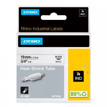 DYMO Rhino Industrial Heat-Shrink kabelis Label Tubes | 19 mm x 1.5 m | Melna druka uz balta | Pašlīmējošas | Rhino etiķešu printeriem