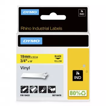 DYMO Rhino Industrial vinila uzlīmes | 19 mm x 5,5 m | Melna druka uz dzeltena | Pašlīmējošas | priekš Rhino un LabelManager etiķešu printeriem