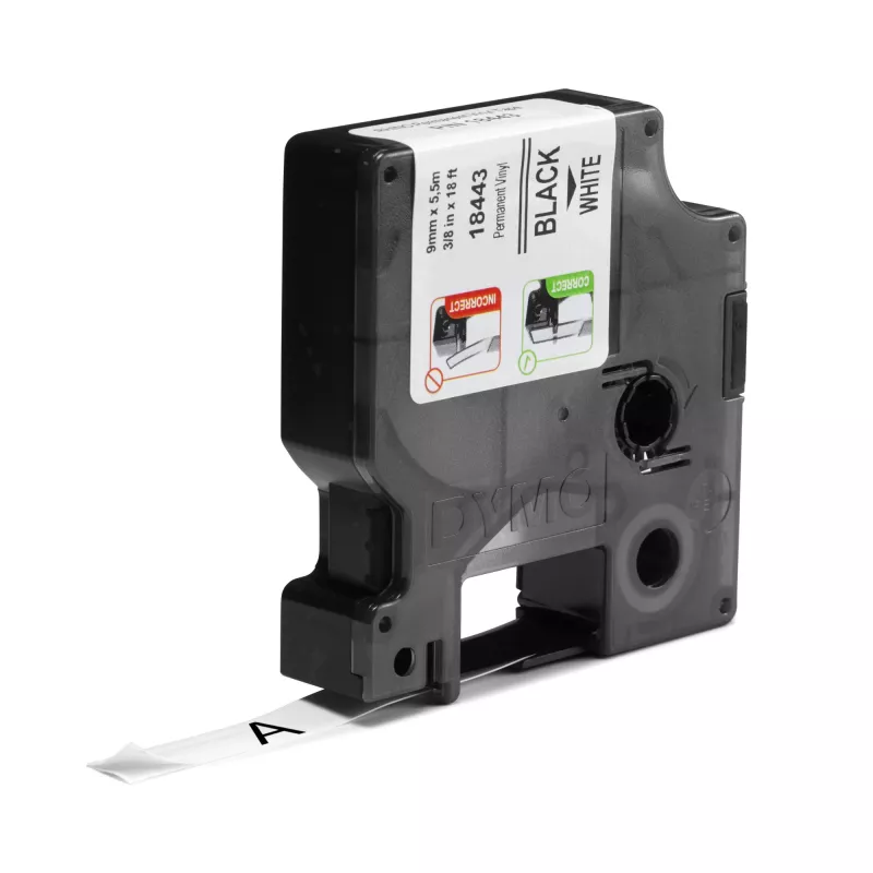 DYMO Rhino industriālās vinila uzlīmes | 9 mm x 5,5 m | Melna druka uz balta | Pašlīmējošas | Rhino un LabelManager etiķešu printeriem