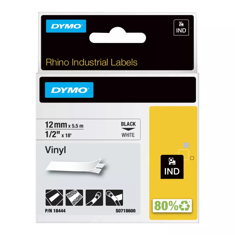 DYMO Rhino Industrial vinila etiķetes | 12 mm x 5,5 m | Melna druka uz balta | Pašlīmējošas | piemērotas Rhino un LabelManager etiķešu printeriem