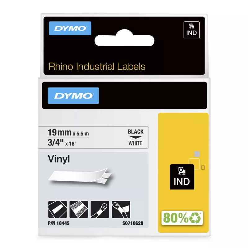 DYMO Rhino Rūpnieciskās Vinila Uzlīmes | 19 mm x 5,5 m | Melna druka uz balta | Pašlīmējošas | Rhino un LabelManager etiķešu printeriem