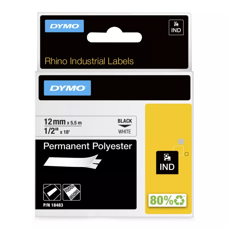 DYMO Rhino Industrial pastāvīgās poliestera uzlīmes | 12 mm x 5,5 m | Melna druka uz balta | Pašlīmējošas | paredzētas Rhino un LabelManager uzlīmju printeriem