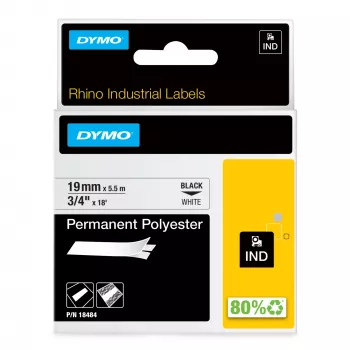 DYMO Rhino Industrial pastāvīgās poliestera uzlīmes | 19 mm x 5,5 m | Melns druks uz balta | Pašlīmējošas | Rhino un LabelManager etiķešu printeriem
