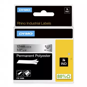 DYMO Rhino Industrial Permanent Polyester Labels | 12mm x 5.5m | Melns Print on Metallic | for Rhino & LabelManager Label Makers