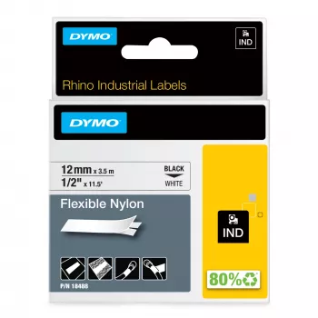DYMO Rhino rūpnieciskās elastīgās neilona etiķetes | 12 mm x 3,5 m | melna druka uz balta | pašlīmējošas | Rhino un LabelManager etiķešu printeriem