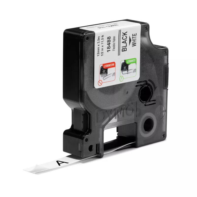 DYMO Rhino rūpnieciskās elastīgās neilona etiķetes | 12 mm x 3,5 m | melna druka uz balta | pašlīmējošas | Rhino un LabelManager etiķešu printeriem