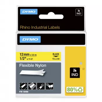 DYMO Rhino rūpnieciskās elastīgās neilona uzlīmes | 12 mm x 3,5 m | Melna druka uz dzeltena | Pašlīmējošas | paredzētas Rhino un LabelManager etiķešu printeriem