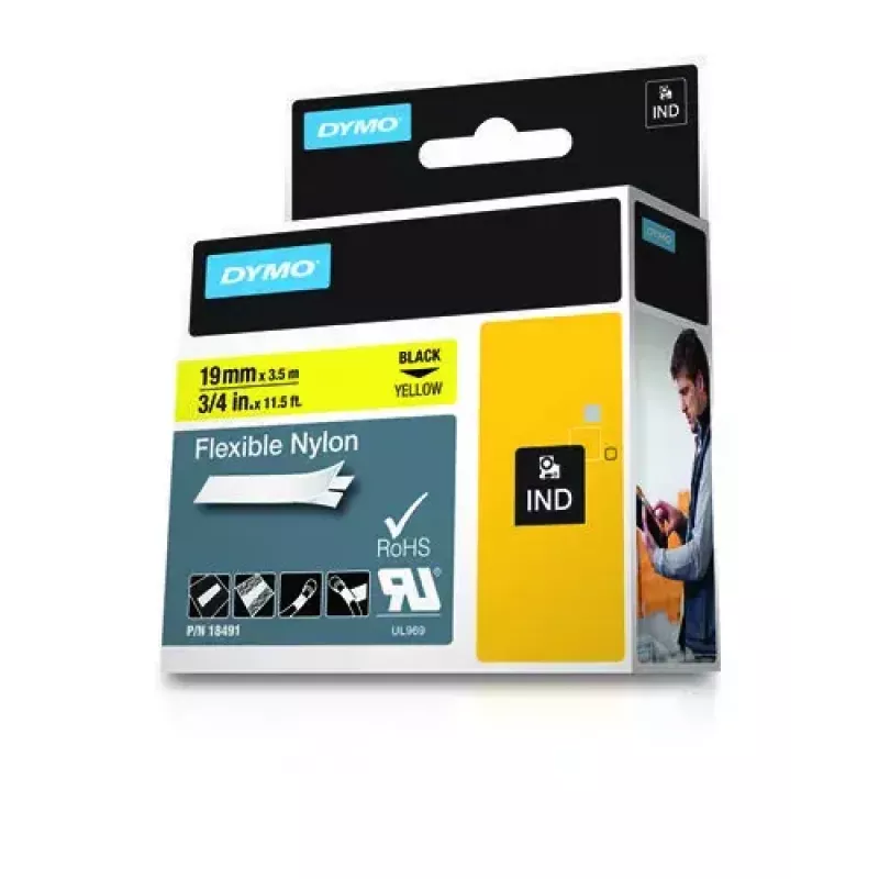 DYMO Rhino Industrial Flexible Nylon Labels | 19 mm x 3.5 m | Melna druka uz dzeltena | Pašlīmējošs | Rhino un LabelManager etiķešu printeriem