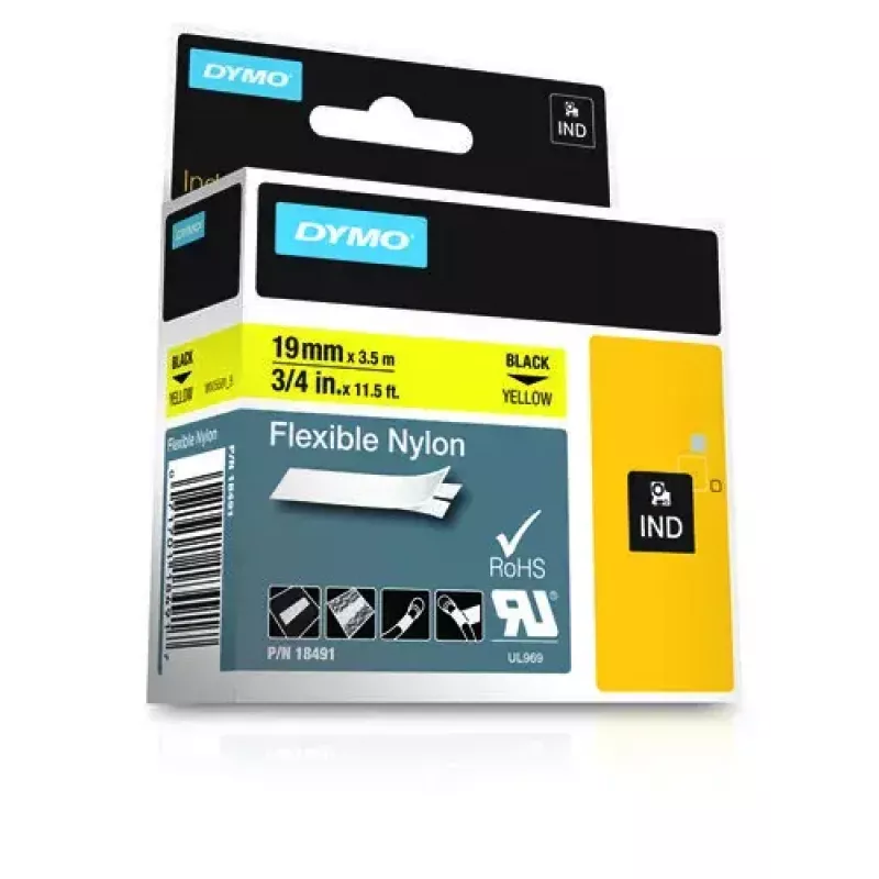 DYMO Rhino Industrial Flexible Nylon Labels | 19 mm x 3.5 m | Melna druka uz dzeltena | Pašlīmējošs | Rhino un LabelManager etiķešu printeriem
