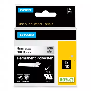 DYMO Rhino Industrial Permanent Polyester Labels | 9 mm x 5.5 m | Melns Print on Clear | Self-Adhesive | for LabelManager & Rhino Label Makers