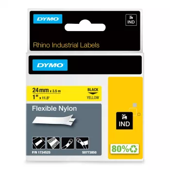 DYMO Rhino Industrial Flexible Nylon Labels | 24 mm x 3,5 m | Melna druka uz dzeltenas | Pašlīmējošas | paredzētas Rhino un LabelManager etiķešu printeriem