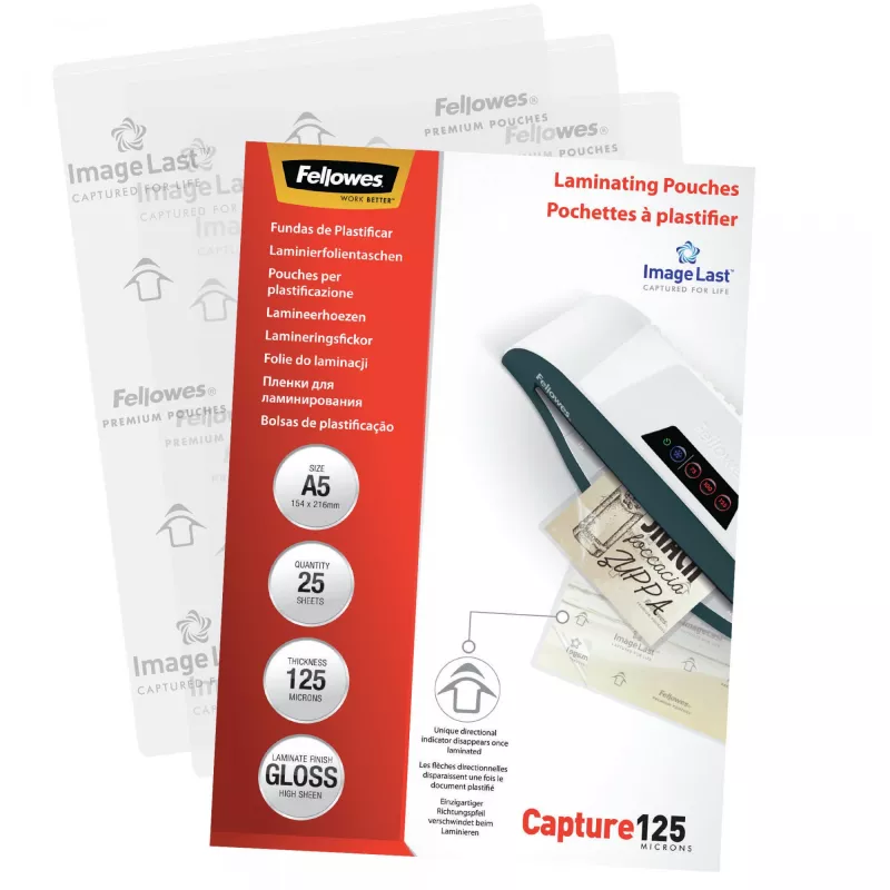 Fellowes ImageLast A5 125 mikronu laminēšanas plēves - 25 iepakojumā, spīdīgas, caurspīdīgas, A5, 0,125 mm, 218 mm, 1 mm