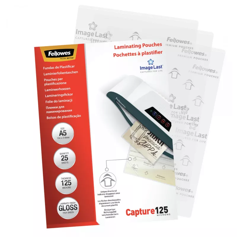 Fellowes ImageLast A5 125 mikronu laminēšanas plēves - 25 iepakojumā, spīdīgas, caurspīdīgas, A5, 0,125 mm, 218 mm, 1 mm