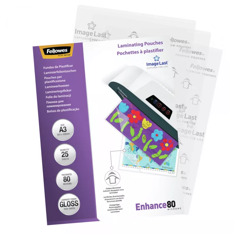 Fellowes ImageLast A3 80 Mikronu Laminēšanas Plēves - 25 gab. iepakojums, Glancēts, Caurspīdīgs, A3, 0.08 mm, 430 mm, 1 mm