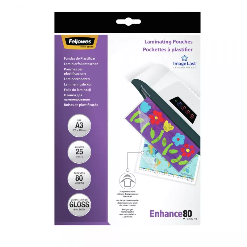 Fellowes ImageLast A3 80 Mikronu Laminēšanas Plēves - 25 gab. iepakojums, Glancēts, Caurspīdīgs, A3, 0.08 mm, 430 mm, 1 mm