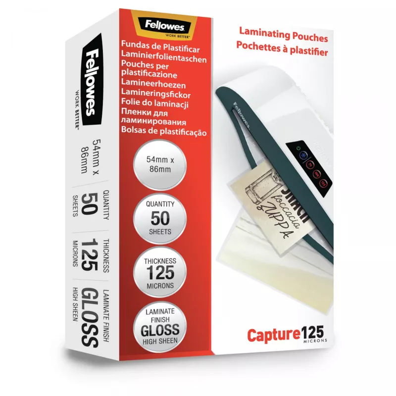 Fellowes Glossy 125 mikronu karšu laminēšanas plēves - 54x86mm, spīdīgas, caurspīdīgas, 0,125 mm, 86 mm, 1 mm, 54 mm