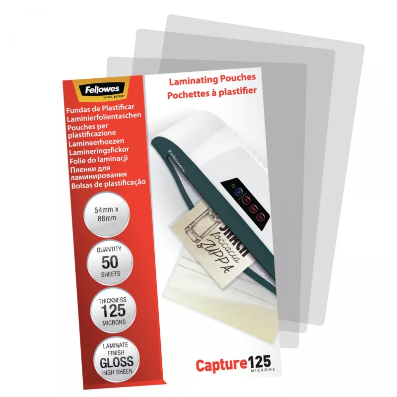 Fellowes Glossy 125 mikronu karšu laminēšanas plēves - 54x86mm, spīdīgas, caurspīdīgas, 0,125 mm, 86 mm, 1 mm, 54 mm