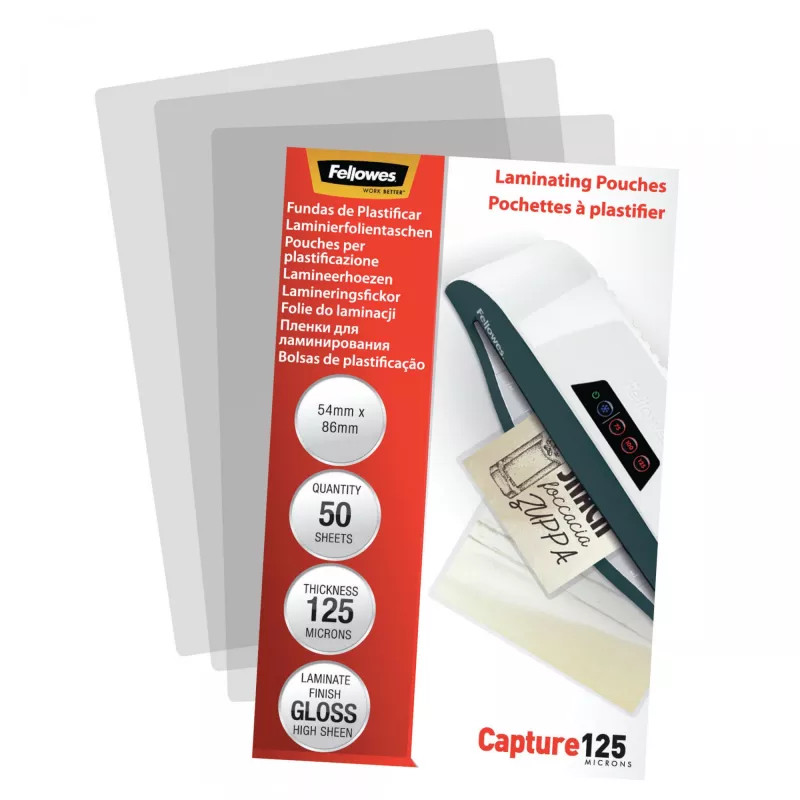Fellowes Glossy 125 mikronu karšu laminēšanas plēves - 54x86mm, spīdīgas, caurspīdīgas, 0,125 mm, 86 mm, 1 mm, 54 mm