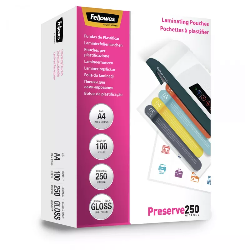 Fellowes A4 Glossy 250 Micron Laminating Pouch - 100 komplekts, Glossy, Transparent, A4, 0.25 mm, 210 mm, 1 mm