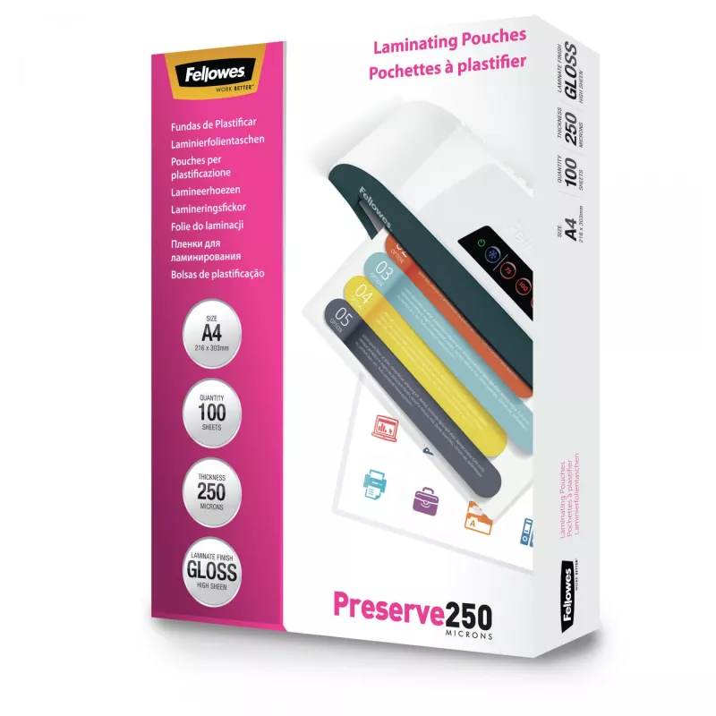 Fellowes A4 Glossy 250 Micron Laminating Pouch - 100 komplekts, Glossy, Transparent, A4, 0.25 mm, 210 mm, 1 mm