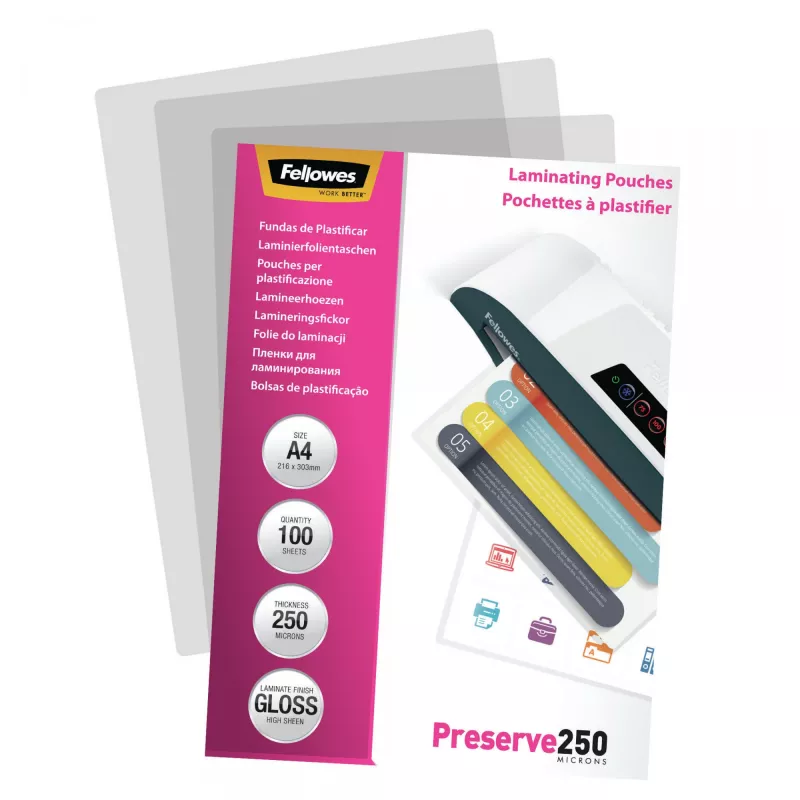 Fellowes A4 Glossy 250 Micron Laminating Pouch - 100 komplekts, Glossy, Transparent, A4, 0.25 mm, 210 mm, 1 mm