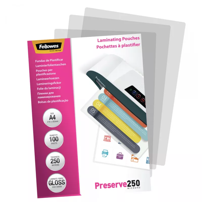Fellowes A4 Glossy 250 Micron Laminating Pouch - 100 komplekts, Glossy, Transparent, A4, 0.25 mm, 210 mm, 1 mm