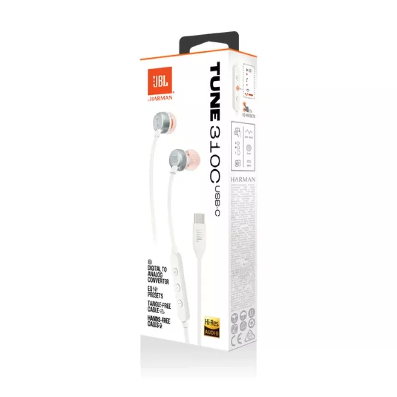 JBL Tune 310C austiņas ar vadu, ievietojamas, zvaniem/mūzikai, USB Type-C, baltas