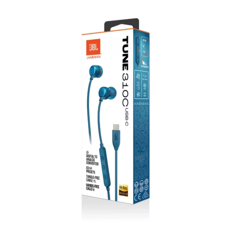 JBL Tune 310C USB austiņas ar vadu Ievietojamās Zvani/mūzika USB Tipa-C Zila