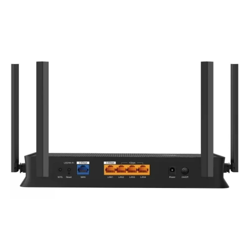 Galda bezvadu maršrutētājs TP-Link EB210 Pro — divjoslu 2,4/5 GHz, Wi‑Fi 7 (802.11be), 2,5 gigabitu Ethernet, 5 LAN pieslēgvietas, USB, melns