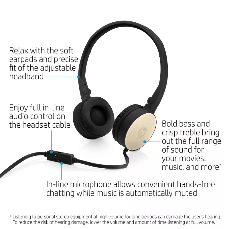 HP Stereo Headset H2800 (melns ar zīda zeltu), vadu, zvani/mūzika, 125 g, austiņas, melns, zelts