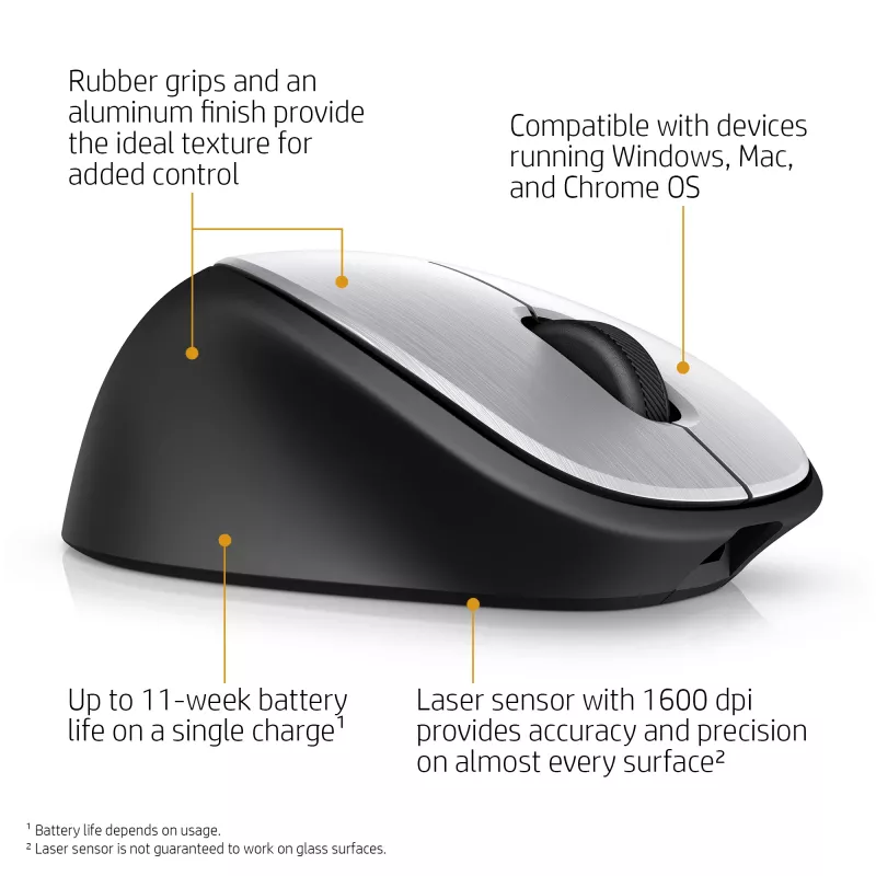 HP ENVY Rechargeable pele 500, piemērota abām rokām, lāzera, RF bezvadu, 1600 DPI, melna, pelēka