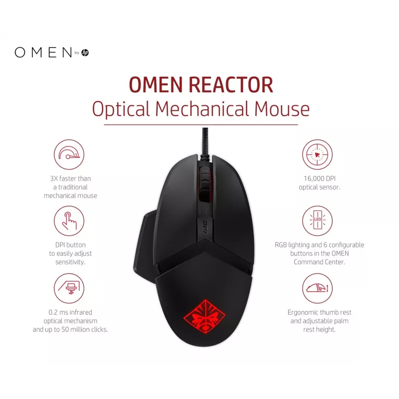 HP OMEN by Reactor pele, labās rokas, optiska, USB Type-A, 16000 DPI, 0,2 ms, melna