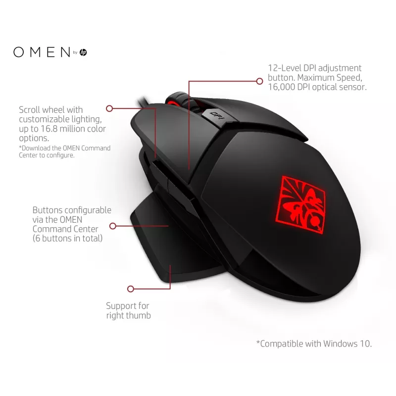 HP OMEN by Reactor pele, labās rokas, optiska, USB Type-A, 16000 DPI, 0,2 ms, melna