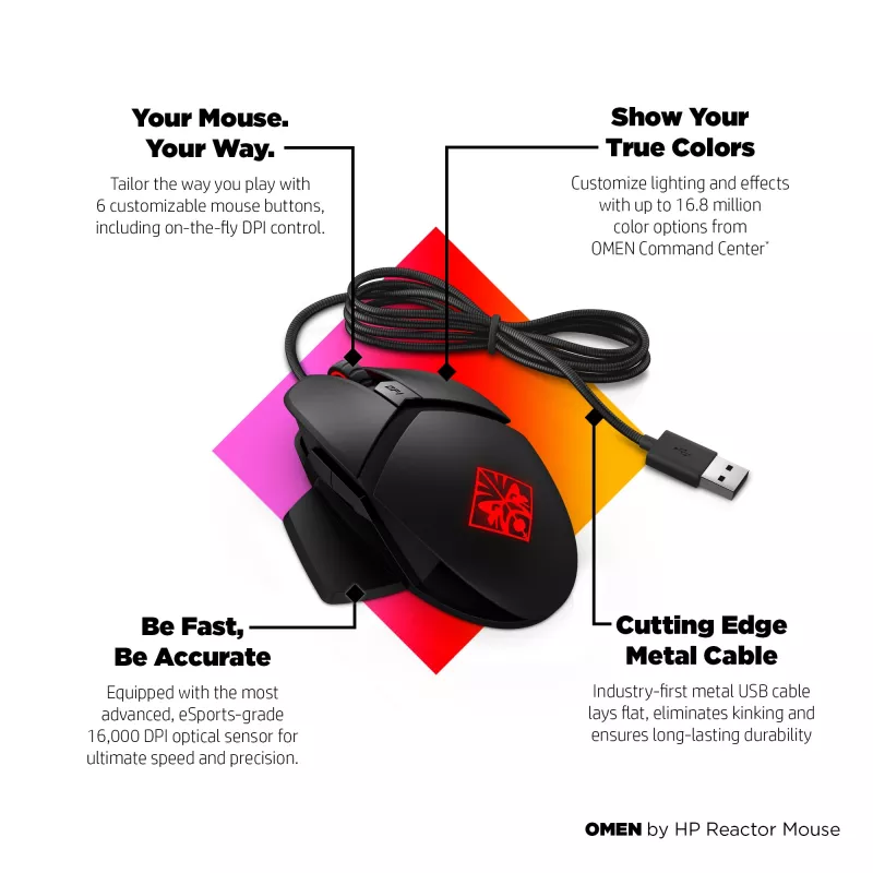 HP OMEN by Reactor pele, labās rokas, optiska, USB Type-A, 16000 DPI, 0,2 ms, melna