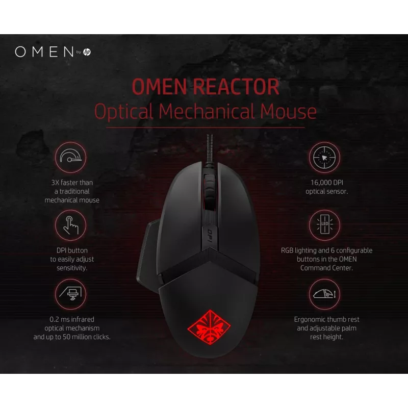 HP OMEN by Reactor pele, labās rokas, optiska, USB Type-A, 16000 DPI, 0,2 ms, melna