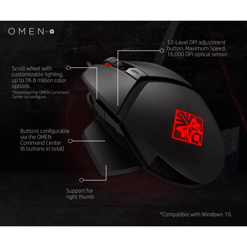 HP OMEN by Reactor pele, labās rokas, optiska, USB Type-A, 16000 DPI, 0,2 ms, melna