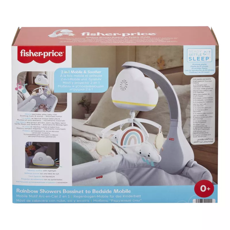 Fisher-Price Rainbow Showers Bassinet to Bedside Mobile, gultiņa, skaņa, naktslampiņa, iebūvēts taimeris, audums, plastmasa