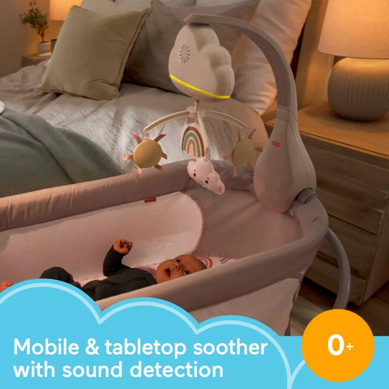 Fisher-Price Rainbow Showers Bassinet to Bedside Mobile, gultiņa, skaņa, naktslampiņa, iebūvēts taimeris, audums, plastmasa