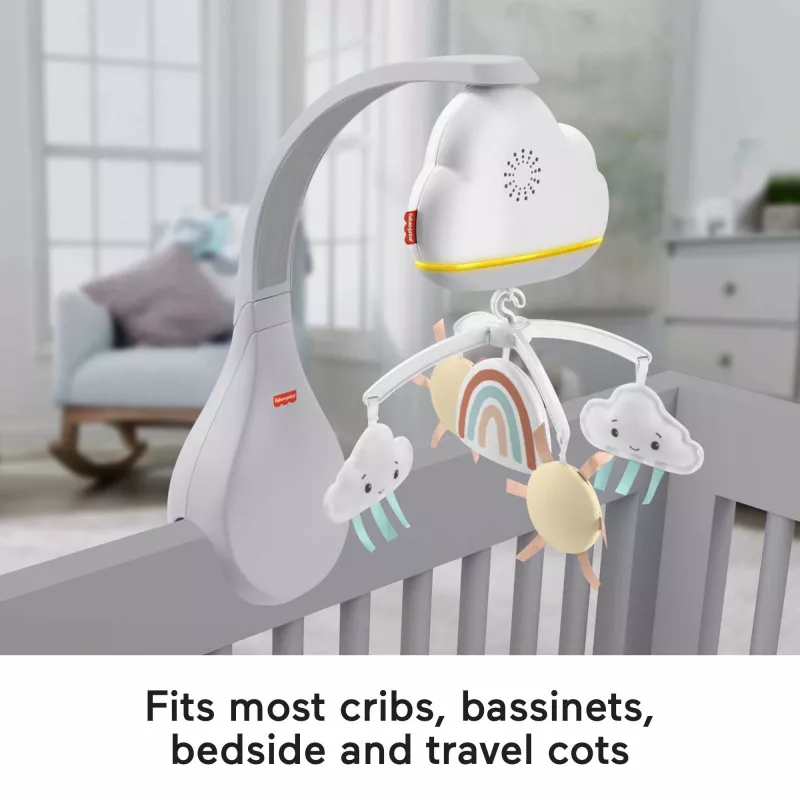 Fisher-Price Rainbow Showers Bassinet to Bedside Mobile, gultiņa, skaņa, naktslampiņa, iebūvēts taimeris, audums, plastmasa