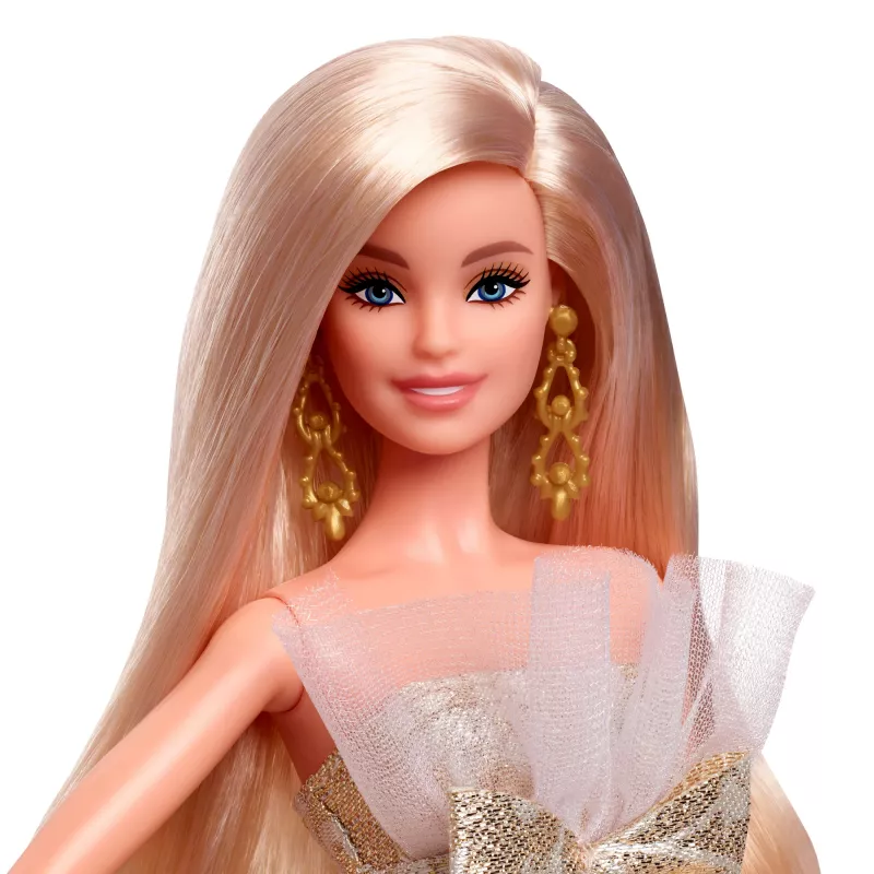 Barbie Signature 2025 svētku modes lelle, sezonas kolekcionāra lelle, blondīne sudraba un zelta kleitā